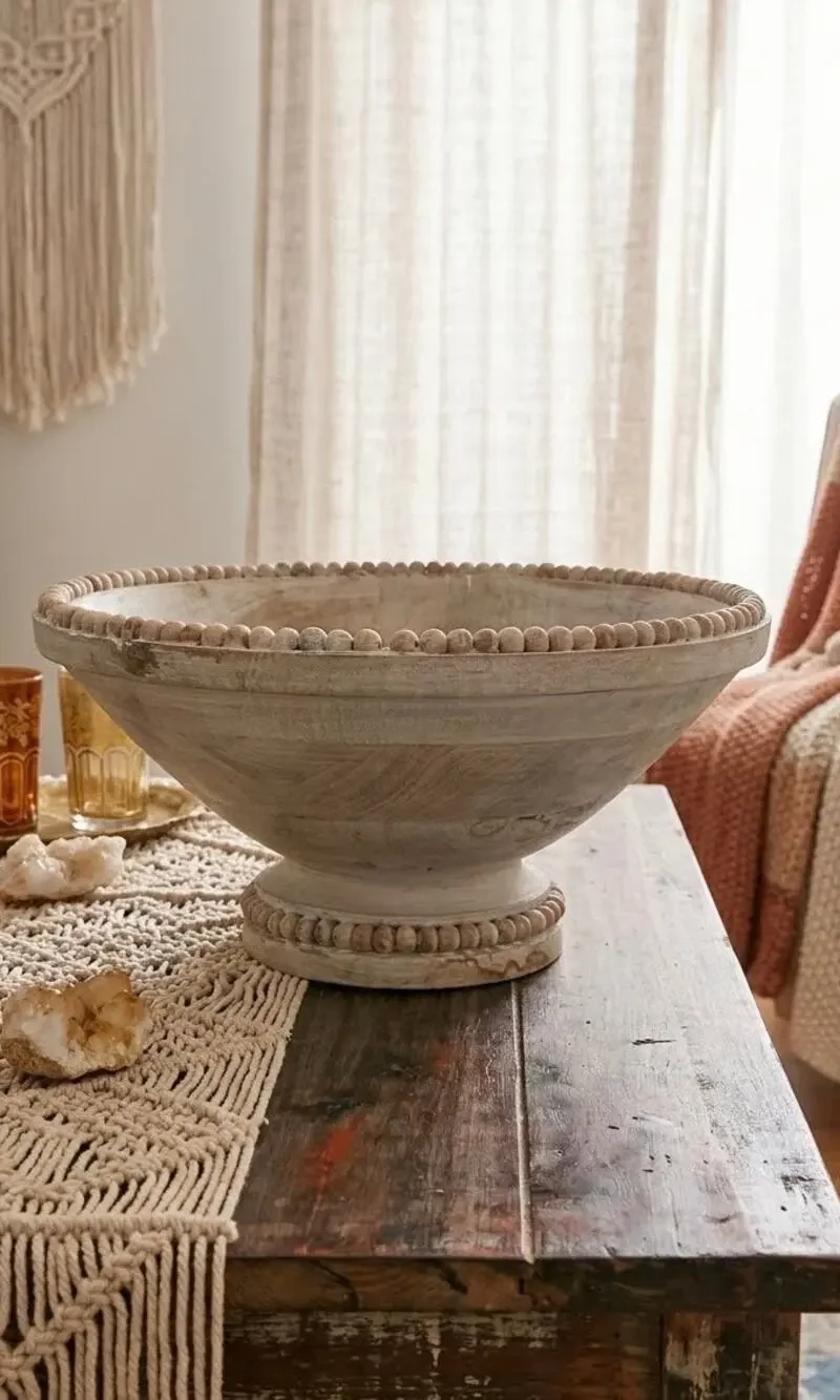 Boho Meets Coastal  White-Washed Beaded Mango Wood Pedestal Centerpiece Bowl